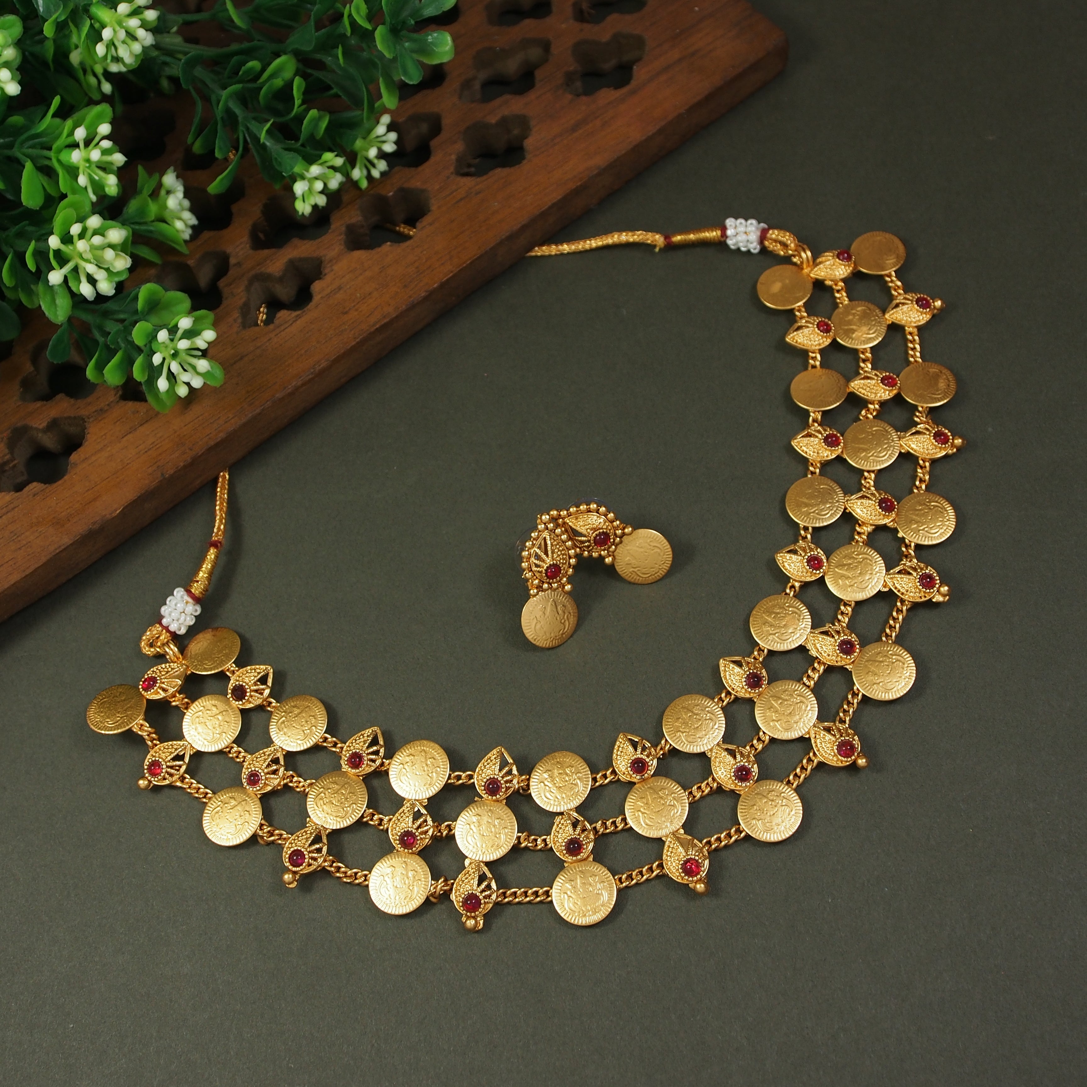 Double Layer Lakshmi Kasu Mala with Ruby Leaf Accents